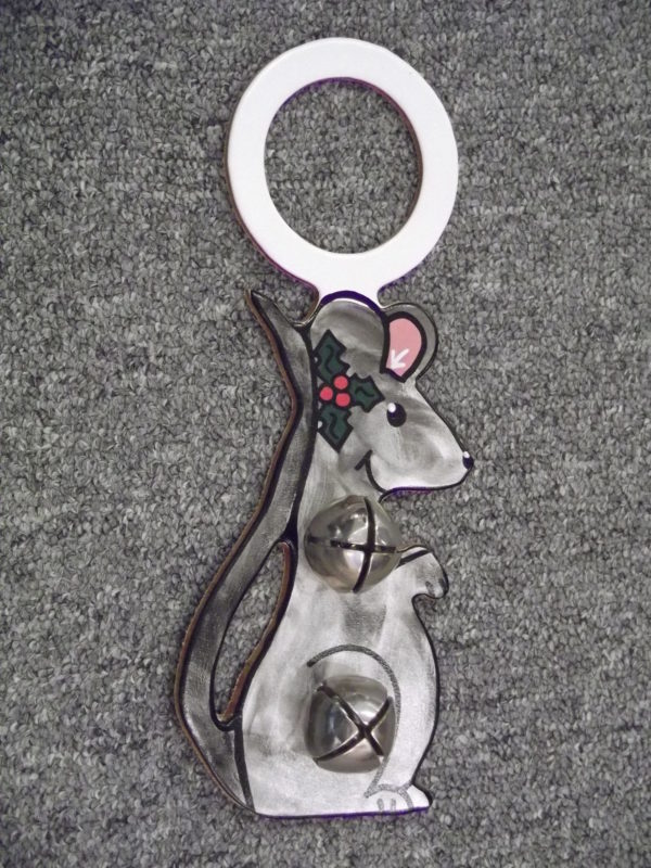 Christmas Mouse Doorknob Bell Grey w/Holly