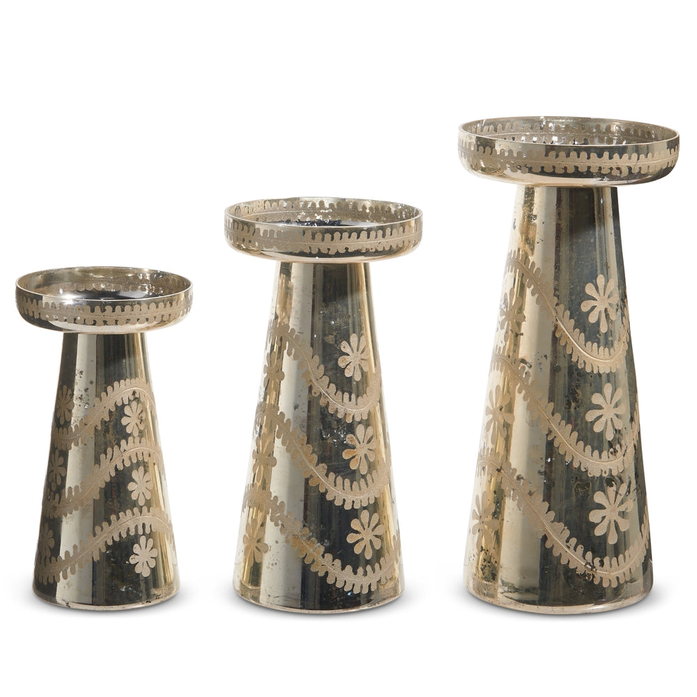 Pair LG Etched Silver Mercury Glass Candle Holders