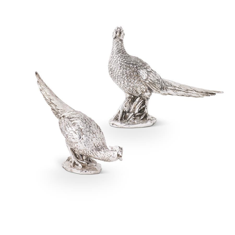 Pair Silver Resin Pheasants