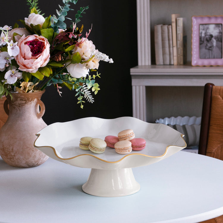 Carola Pedestal Cake Plate, Cream & White