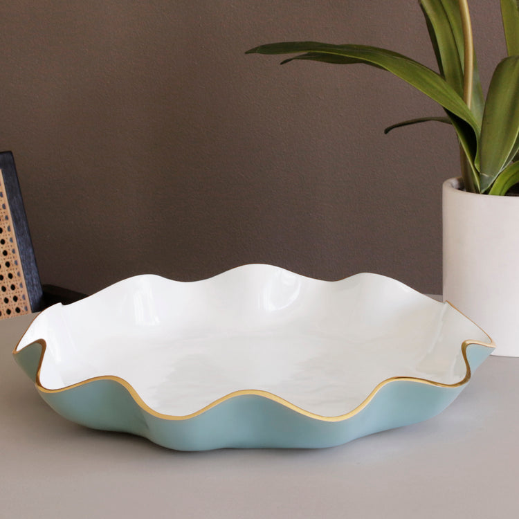 Carola Large Round Platter, Turquoise & White