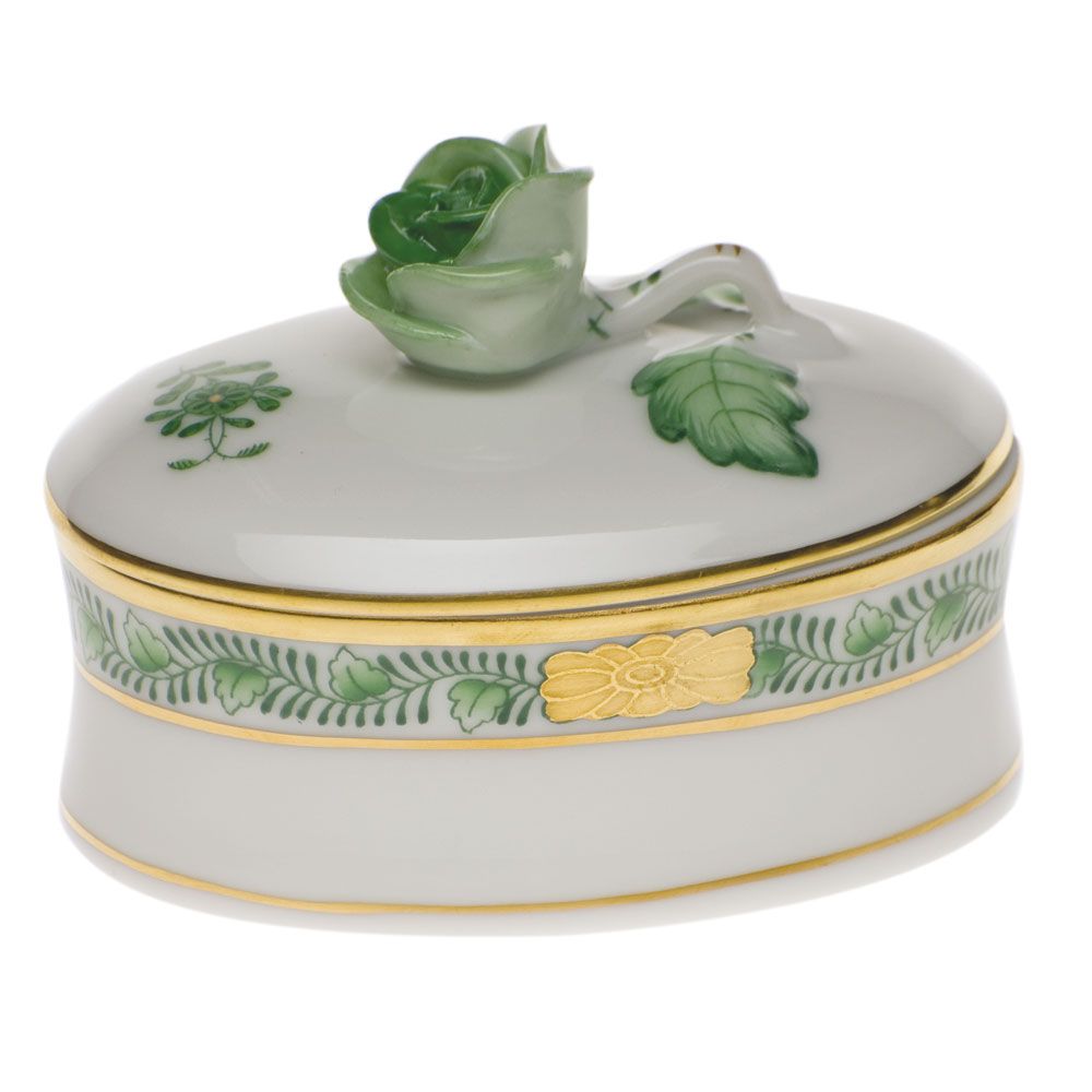 Herend Green Oval Box with Rose