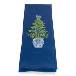 Tree with Blue Bows Embroidered Dish Towel