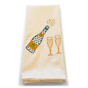 Champagne Bottle with Glasses Embroidered Dish Towel