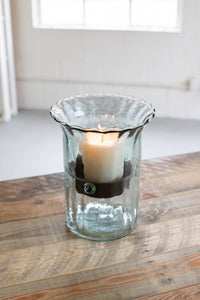 Ribbed Glass Candle Cylinder w/Rustic Insert- Small