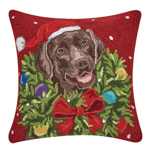 Santa Chocolate Labrador Wreath Hook Pillow 18x18