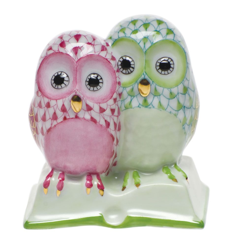 Herend Pair of Owls on Book- Raspberry & Key Lime