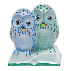 Herend Pair of Owls on Book, Blue & Green