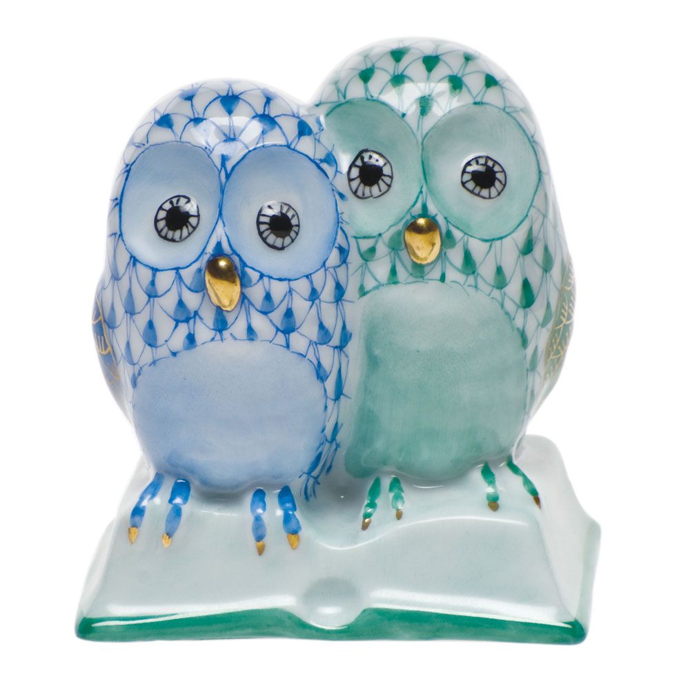 Herend Pair of Owls on Book, Blue & Green