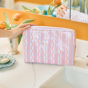 Weezie Large Patterned Toiletry Bag, Pink & Coral Stripe