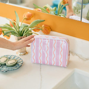 Weezie Small Patterned Toiletry Bag, Pink & Coral Stripe