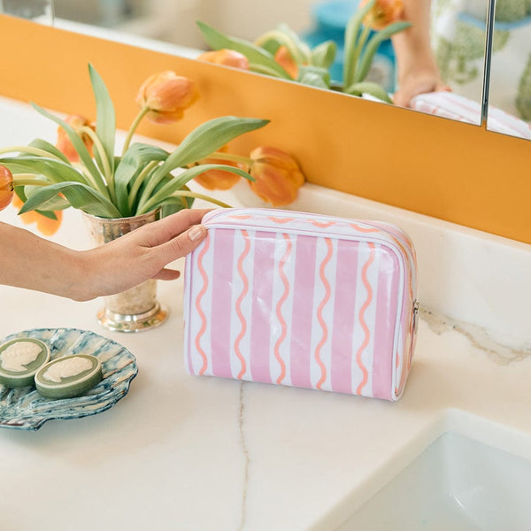 Weezie Small Patterned Toiletry Bag, Pink & Coral Stripe