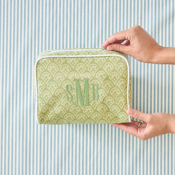 Weezie Small Patterned Toiletry Bag, Green Block Print