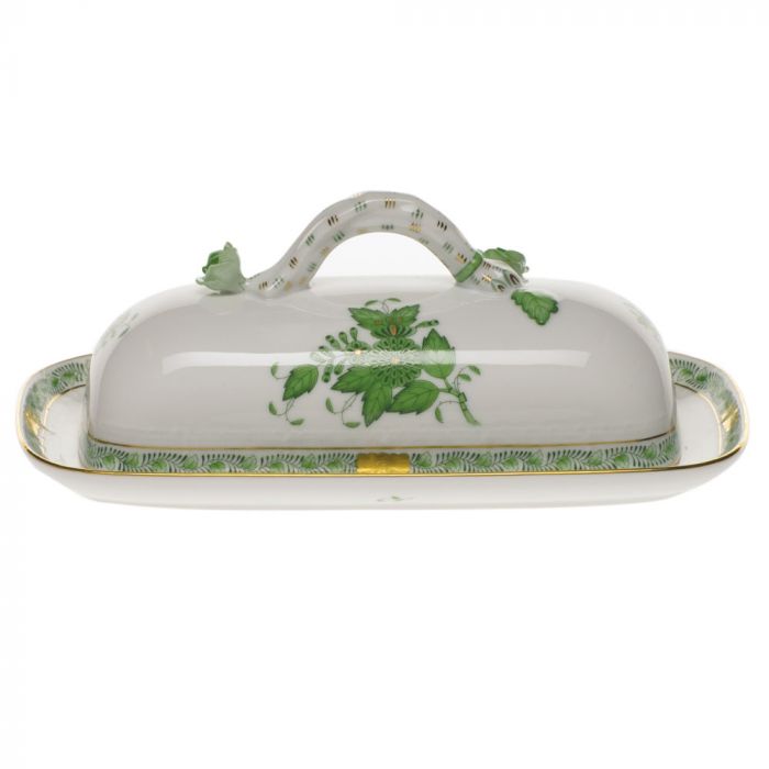 Herend Chinese Bouquet Green Butter Dish with Branch