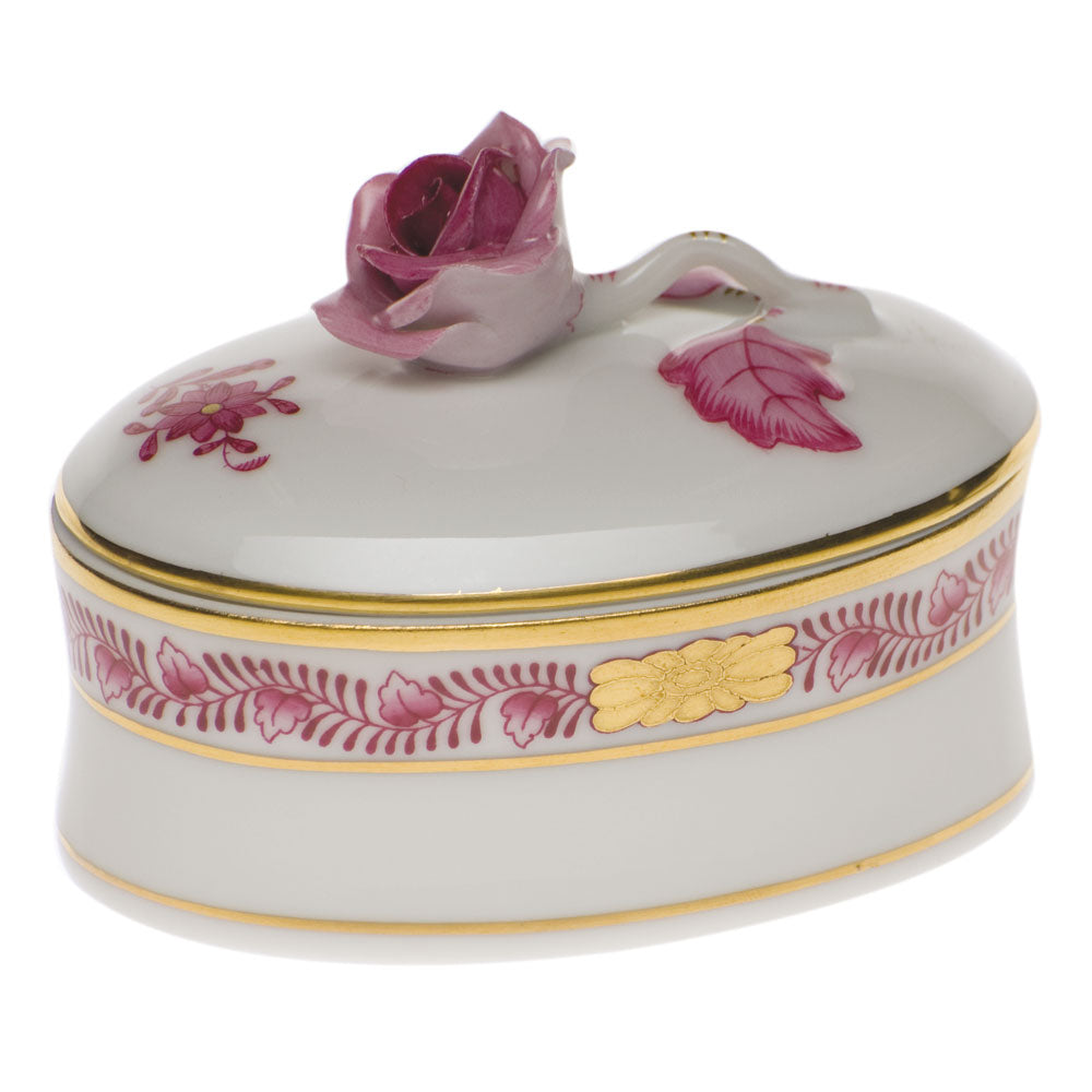 Herend Oval Box with Rose, Raspberry
